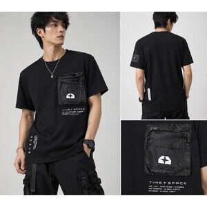Time Space Black Graphic T-Shirt Utility Pocket Techwear Streetwear Size M